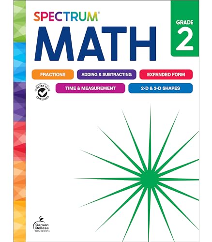 Spectrum Math Grade 2 workbook cover with colorful geometric patterns and math topic labels.