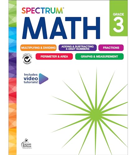 Spectrum Math Grade 3 workbook cover with a colorful geometric border and math topics.