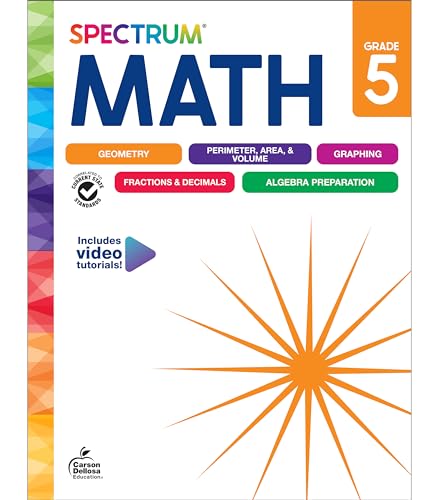 Spectrum Math workbook, Grade 5, with colorful geometric design.