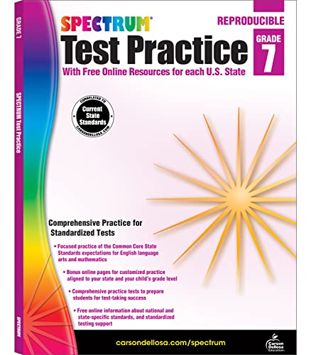 Spectrum Test Practice workbook for 7th grade, colorful cover with a starburst.
