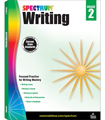 Spectrum Writing Grade 2 workbook cover with a colorful rainbow side border.