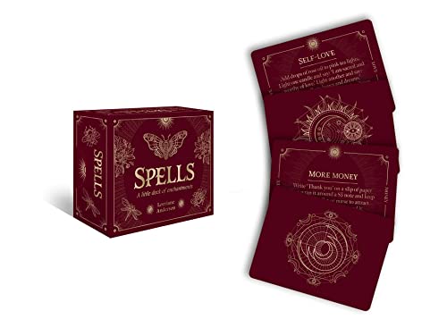 Red box and fanned cards titled “Spells” with ornate gold designs.