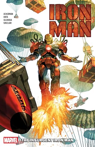 Iron Man in red and gold armor descends amid falling cargo and explosions.