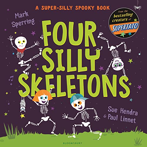 Book cover with four cartoon skeletons dancing against a purple background.