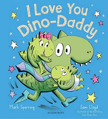 Green dinosaur family embracing, book cover illustration with stars.