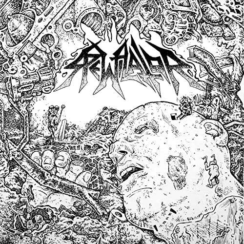 Black and white ink illustration featuring a giant head and chaotic, surreal imagery.