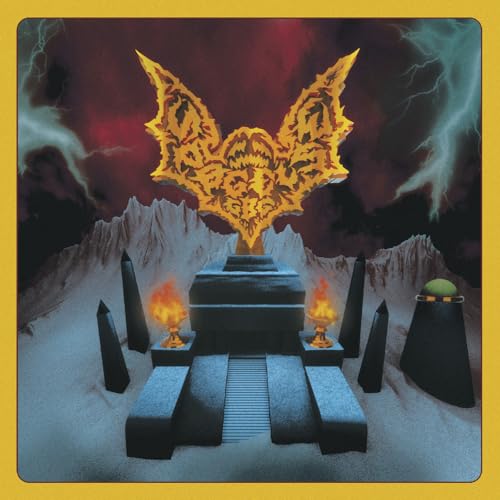 Album cover with a fiery bat emblem over a mountainous, stormy landscape.