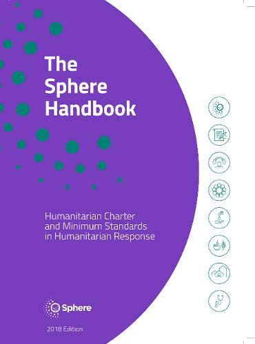 Purple cover of "The Sphere Handbook" with icons and text.