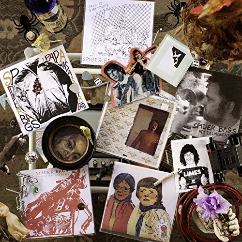 A collection of various Spider Bags music CD covers and memorabilia arranged on a table.