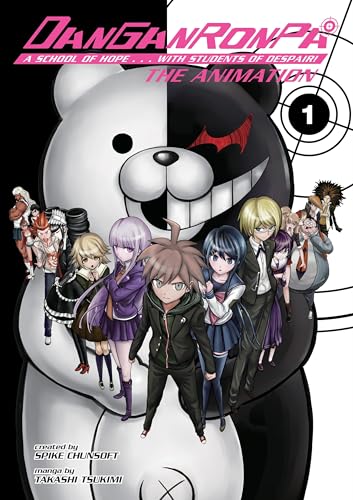Danganronpa Volume 1 cover with diverse students and a monochrome bear.