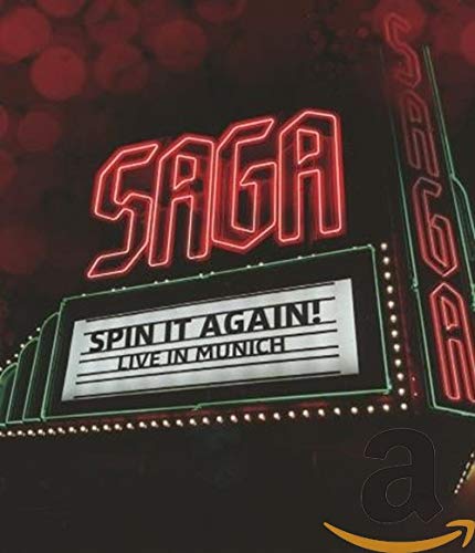Red neon βSAGAβ sign above a marquee reading βSpin It Again β Live In Munich.β