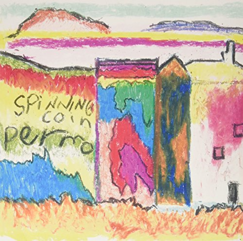Crayon-style album cover for “Spinning Coin - Perro” with colorful buildings.