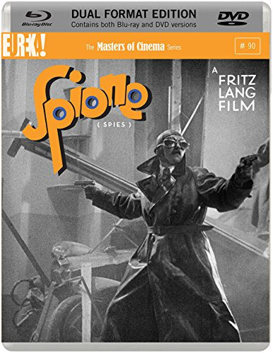 Blu-ray cover for Fritz Lang's Spione featuring a man in a trench coat holding guns.