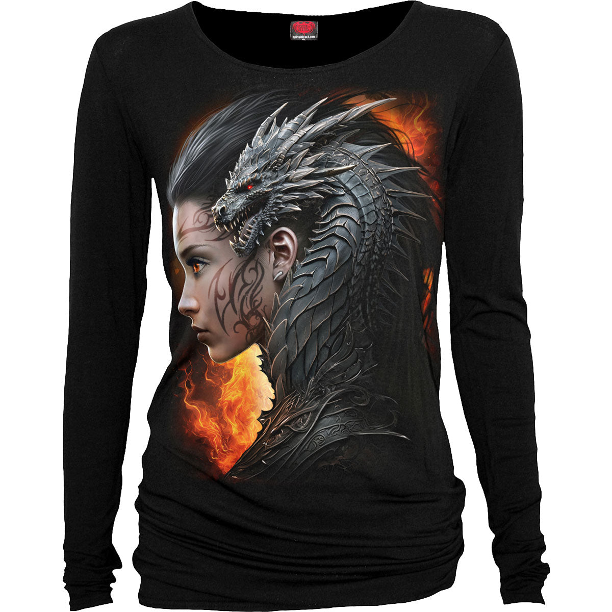 Black long sleeve shirt with a dragon and woman’s face graphic.