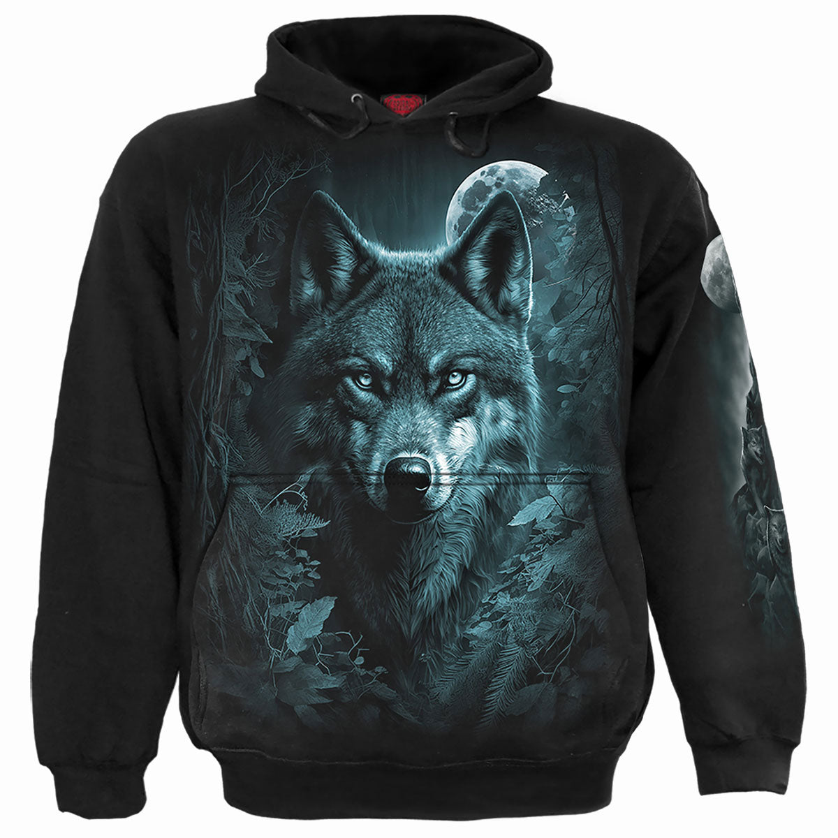 Black hoodie with a graphic of wolves in a forest scene.