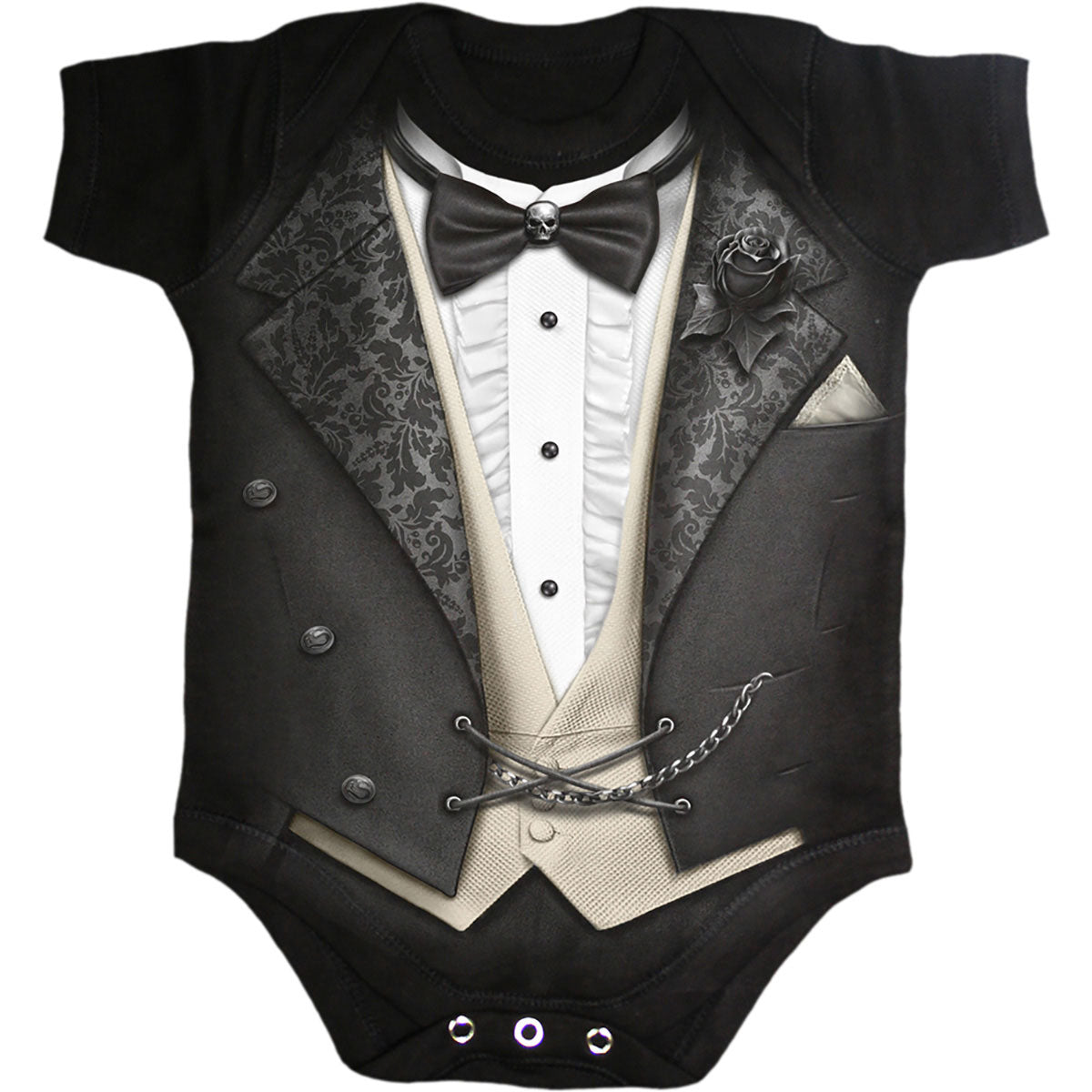 Black baby bodysuit designed to resemble a tuxedo with bow tie.