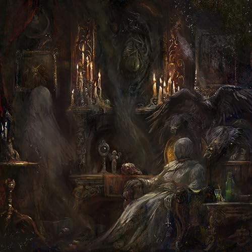 Dark, ornate painting of ghostly figures, candles, and a seated person.