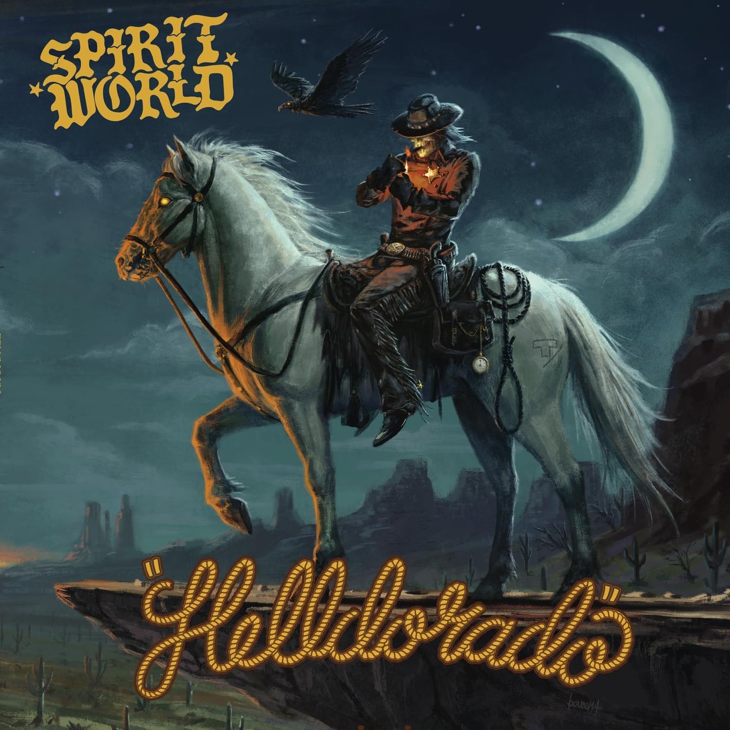 CD cover: skeletal cowboy riding a white horse under a crescent moon.