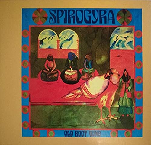 Album cover for Spirogyra’s “Old Boot Wine” featuring figures and a bird.