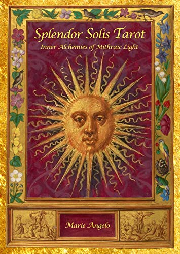 Splendor Solis Tarot box with a sun face and floral border.