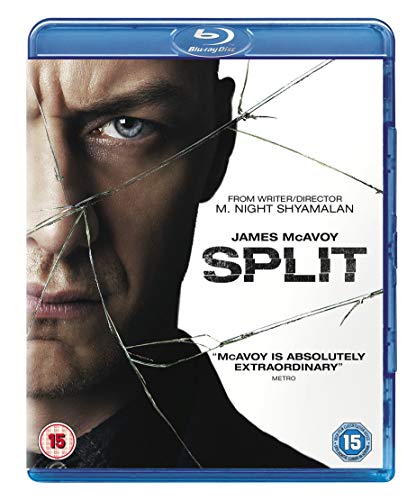 Blu-ray cover for "Split" featuring James McAvoy with cracked glass effect.