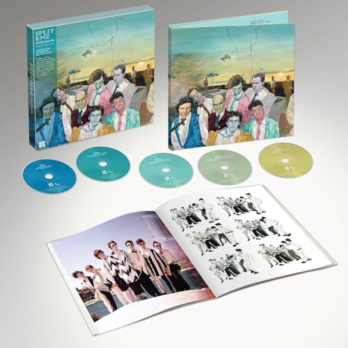 Split Enz Enzyclopedia box set with two cases, five CDs, and an open photo book.