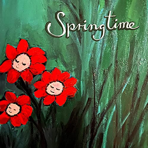 Painted red flowers with smiling faces against a green textured background.