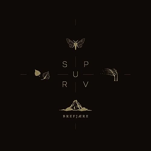 Black album cover with gold moth, mountain, and text design.