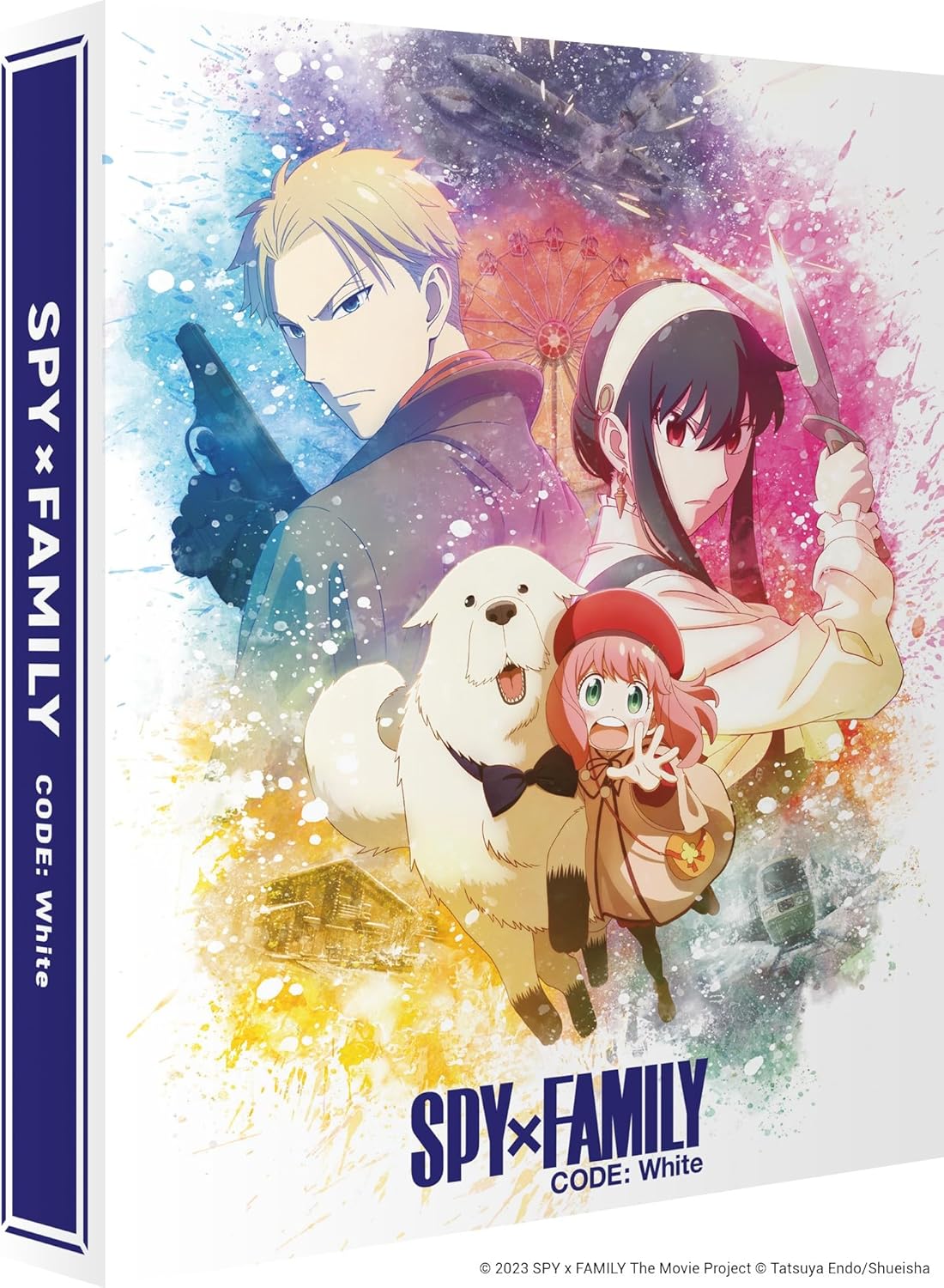 SPY x FAMILY CODE: White Blu-ray cover featuring Loid, Yor, Anya, and Bond.