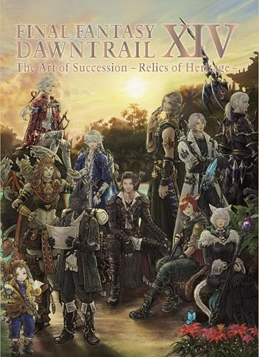 Group of diverse fantasy characters standing together in a sunset landscape, Final Fantasy XIV art.