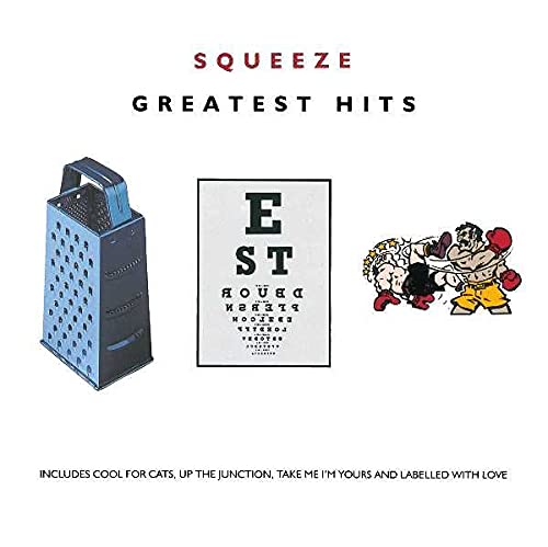 Squeeze “Greatest Hits” CD cover with a grater, eye chart, and boxers.