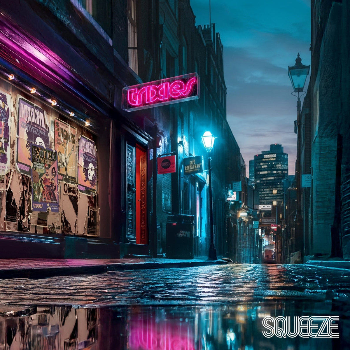 Night street scene with a neon "Trixies" sign and wet cobblestones.