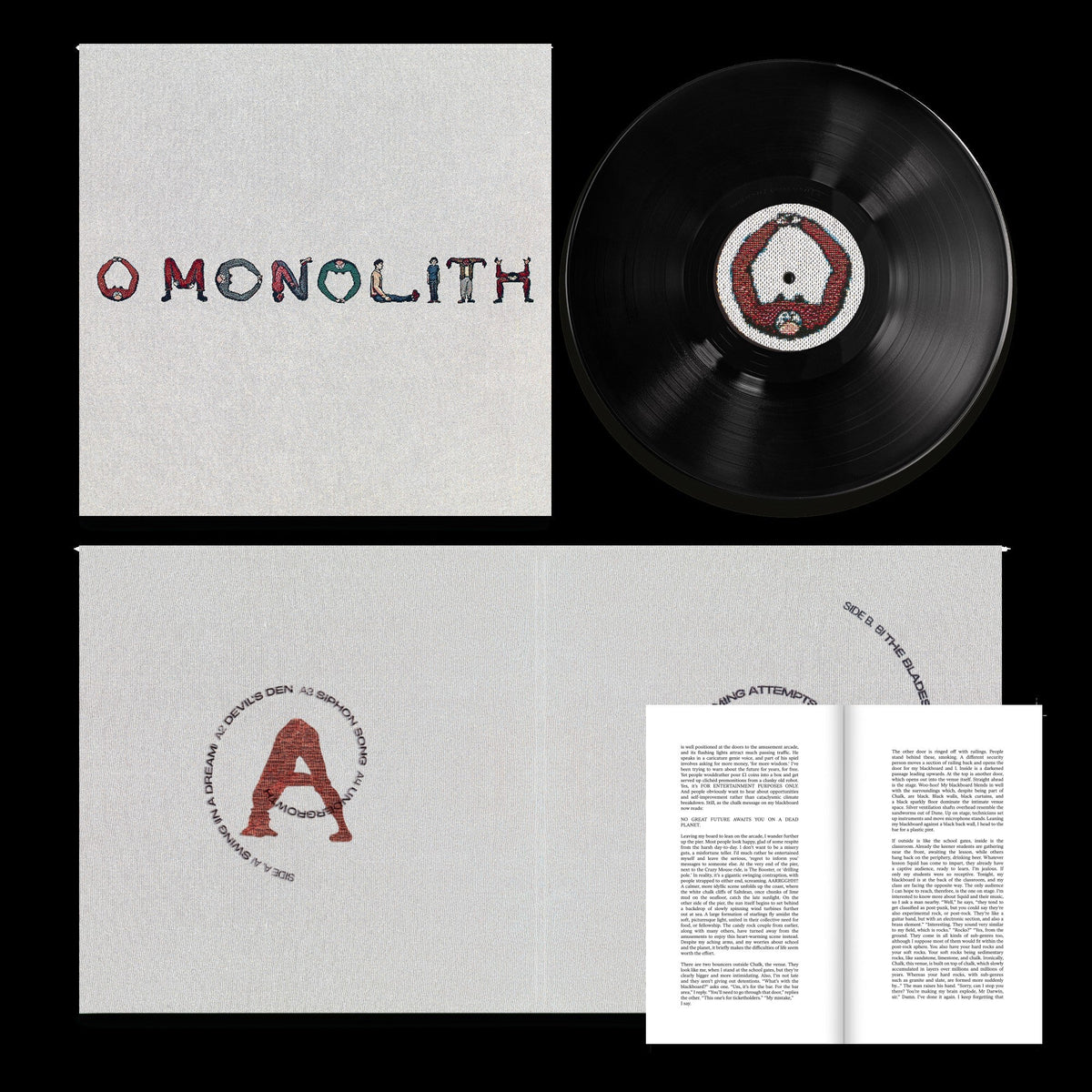 "Black vinyl record with white label and album cover and booklet on black background."