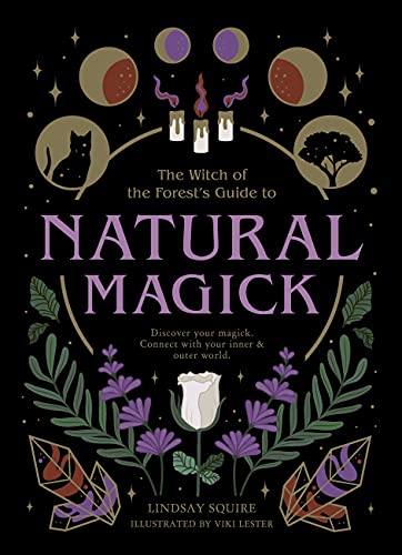 Book cover titled Natural Magick with illustrations of moon phases, candles, flowers, and crystals.