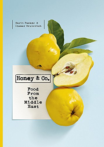 Cookbook cover with quinces, text reading “Honey & Co: Food from the Middle East.”