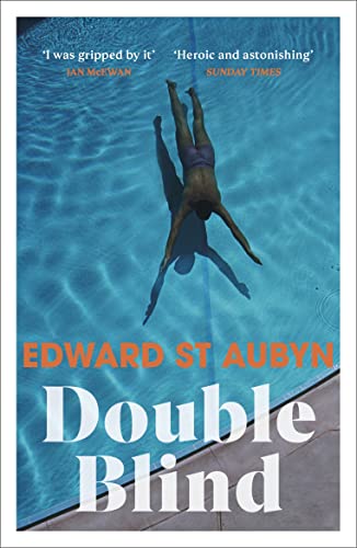Book cover: “Double Blind” with a swimmer underwater in a blue pool.