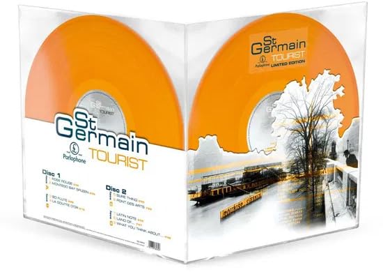Gatefold vinyl record sleeve for St Germain Tourist featuring orange discs and track listings.
