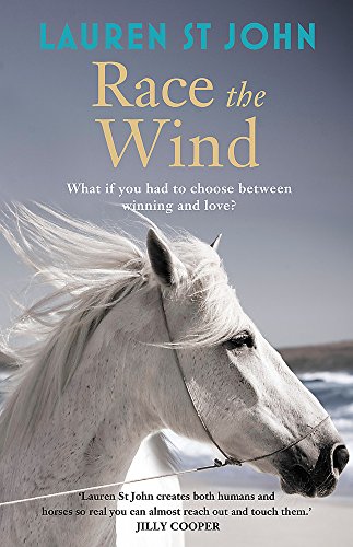 Book cover: white horse head with ocean background, title “Race the Wind”.