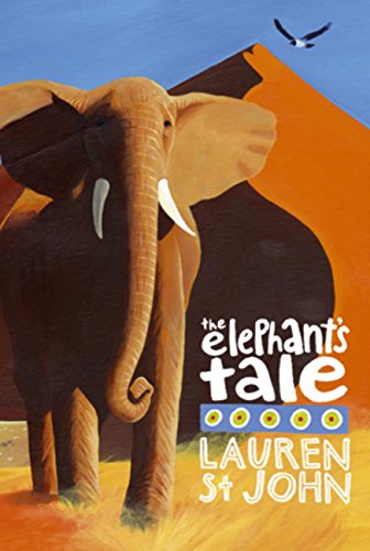 Elephant in front of orange dunes, with a bird in blue sky.