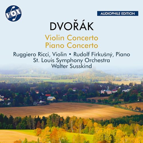 CD cover for Dvorak’s Violin and Piano Concertos with landscape backdrop.