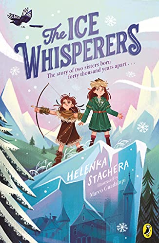 Book cover: two girls with bows stand on ice, snowy mountains backdrop.