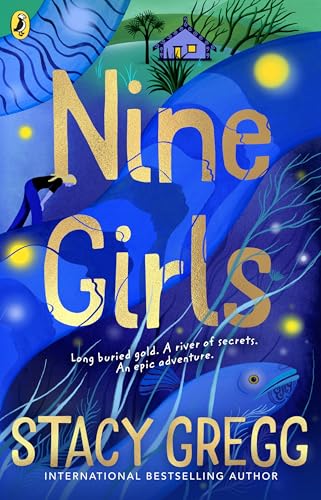 Book cover for "Nine Girls" with blue waves, a house, and gold text.