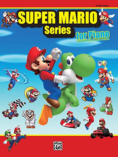 Super Mario Series for Piano music book cover featuring Mario riding Yoshi on blue background.