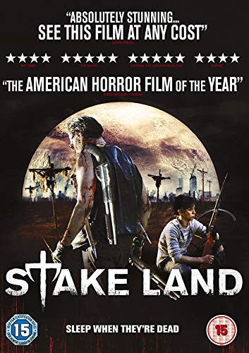 DVD cover for horror film "Stake Land" with figures and a moon.