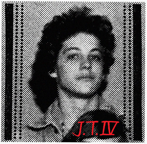 Black and white halftone portrait of a woman with red text below.