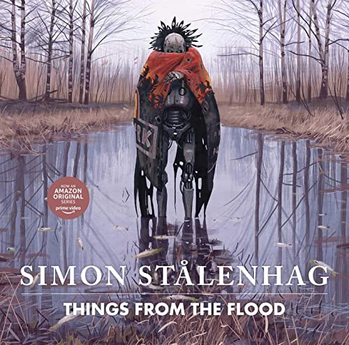 Robot figure shrouded in red, standing in a flooded, desolate landscape.