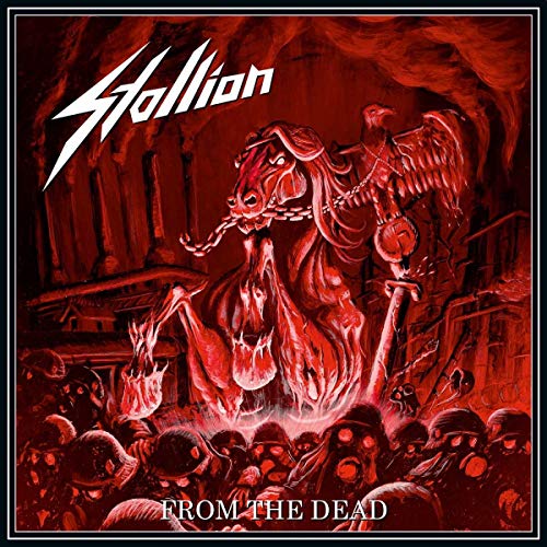 Red album cover featuring a skeletal horse with a winged figure and soldiers.