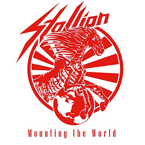 Red logo with a horse and rider on a globe, text "Stallion" and "Mounting the World".