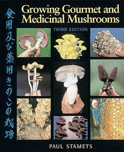 Book cover displaying various cultivated mushroom species and a mycologist.