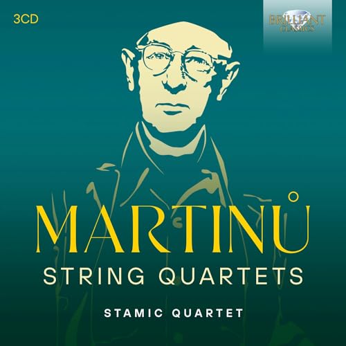 CD cover featuring a stylized portrait of Martinu on a teal background with text.